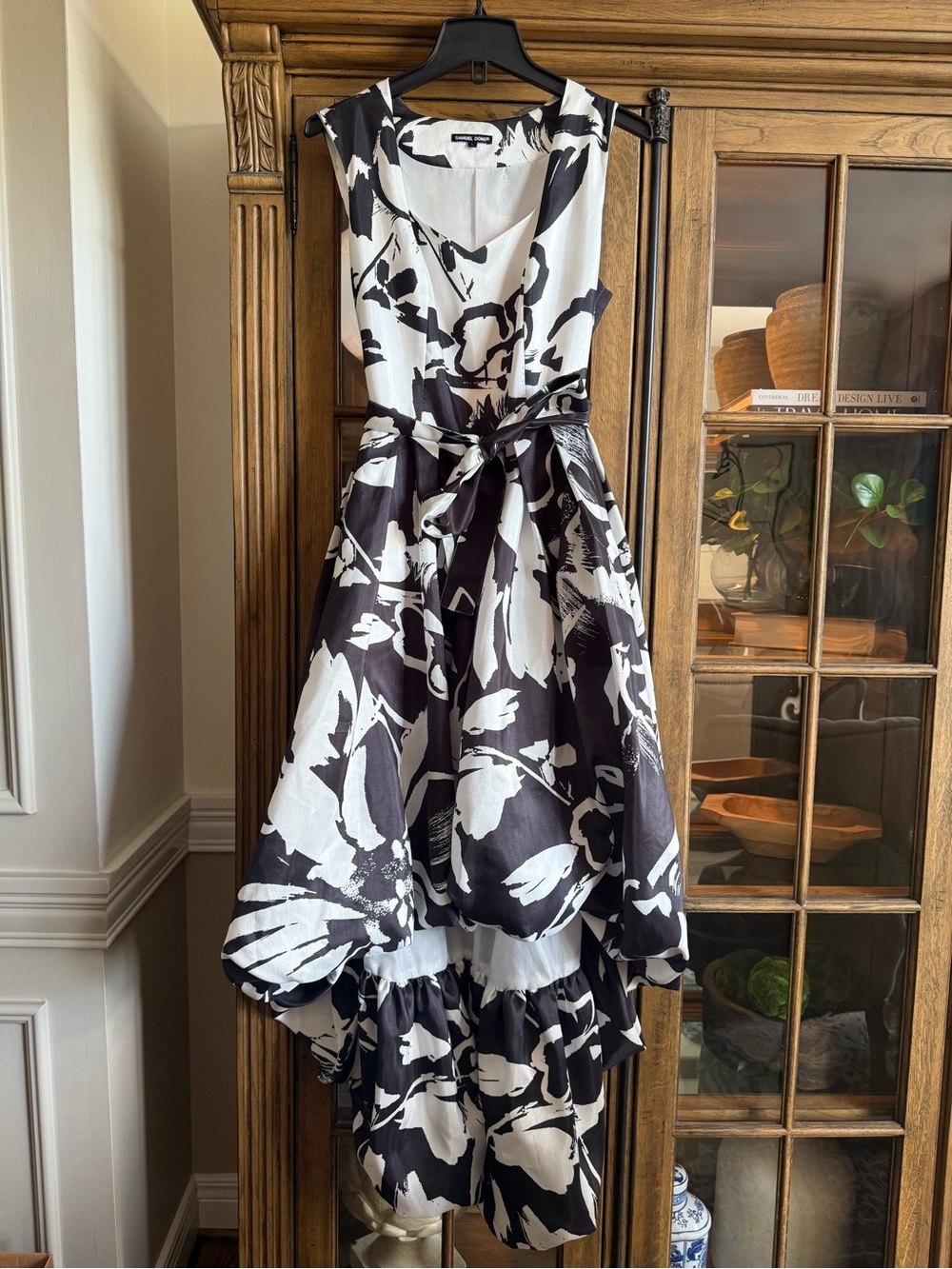 Black & White Floral Fit-and-Flare Dress with Tie Waist
